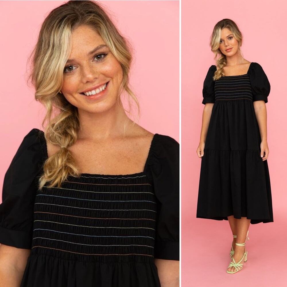 Crosby by Mollie Burch Wilder Dress Black Rainbow Smock Puff Sleeve Midi M NWT